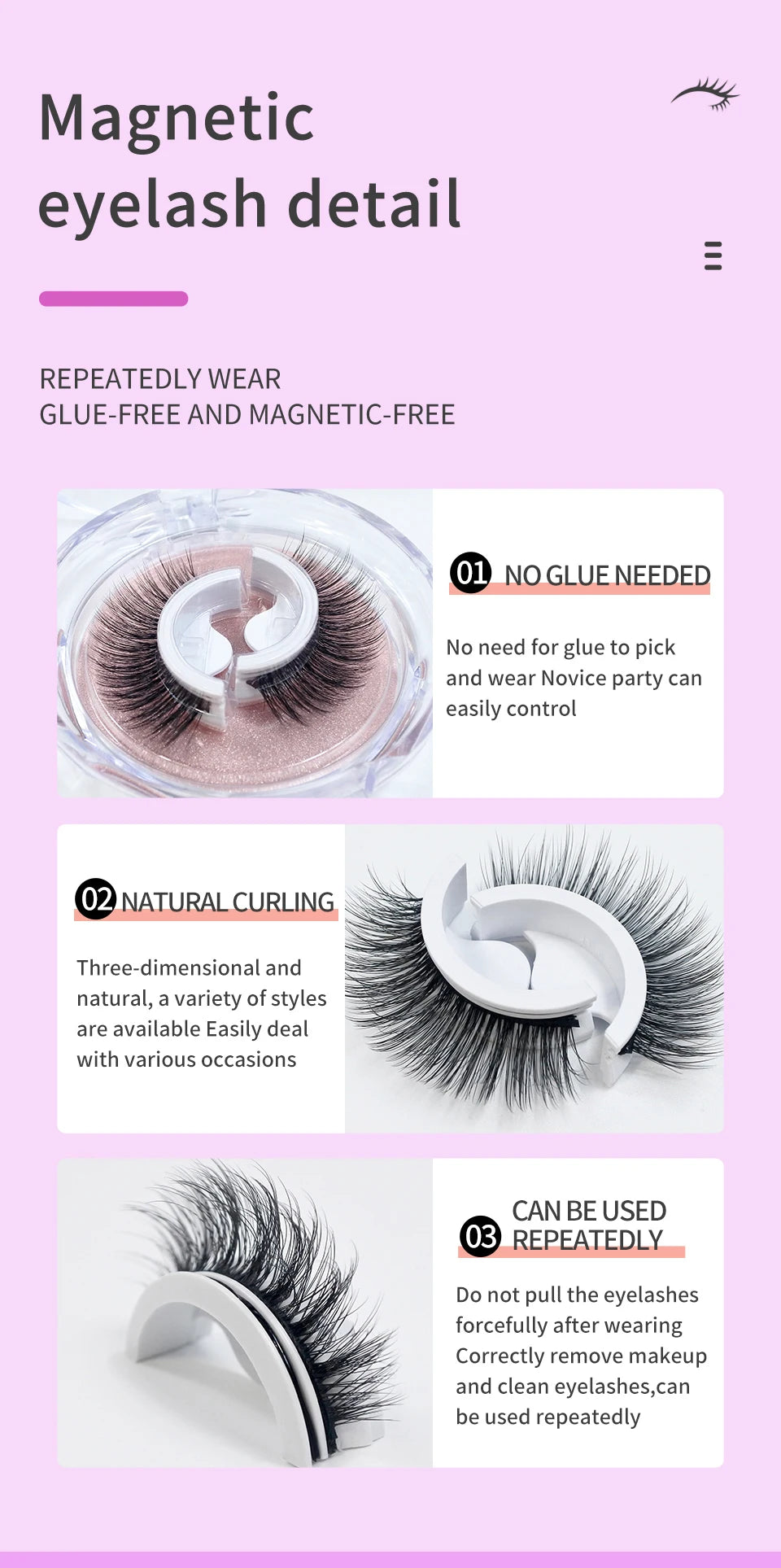 Self Adhesive Eyelashes Glue-Free Reusable 3d Wispy Thick Natural Lashes Makeup Fake Eyelashes